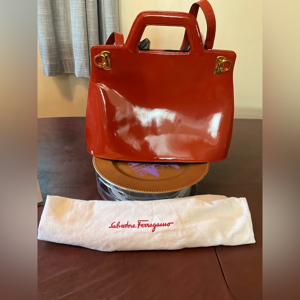 Vintage Salvatore Ferragamo Gancini Patent Leather 2way Bag EUC with COA old $